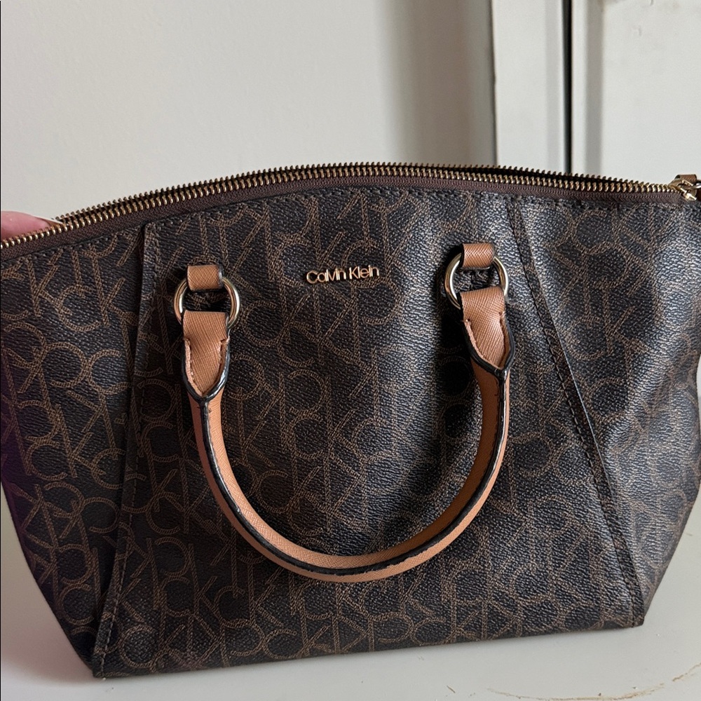 Calvin Klein Black and Tan Monogram Satchel